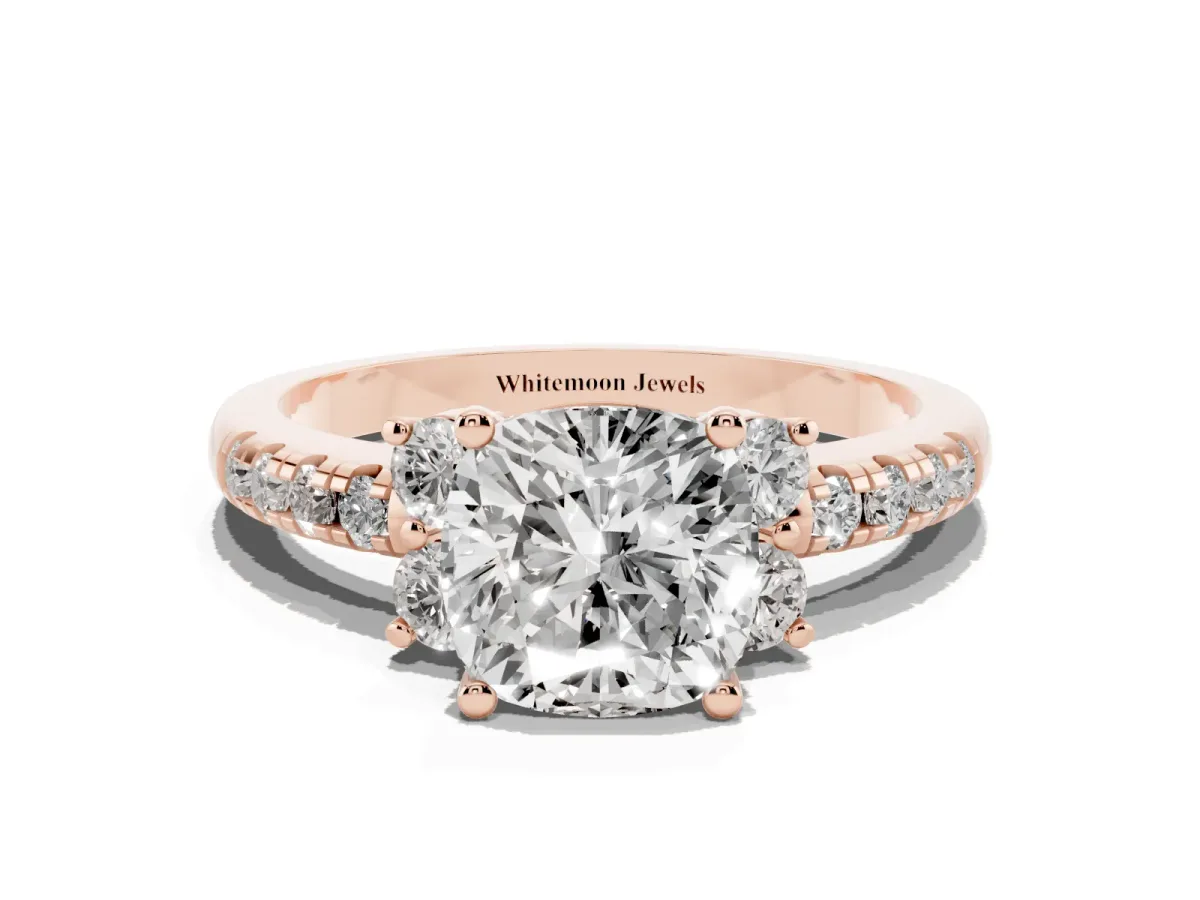 Cushion Cut Diamond Three-Stone Pave Band with Four-Prong Setting Rose gold