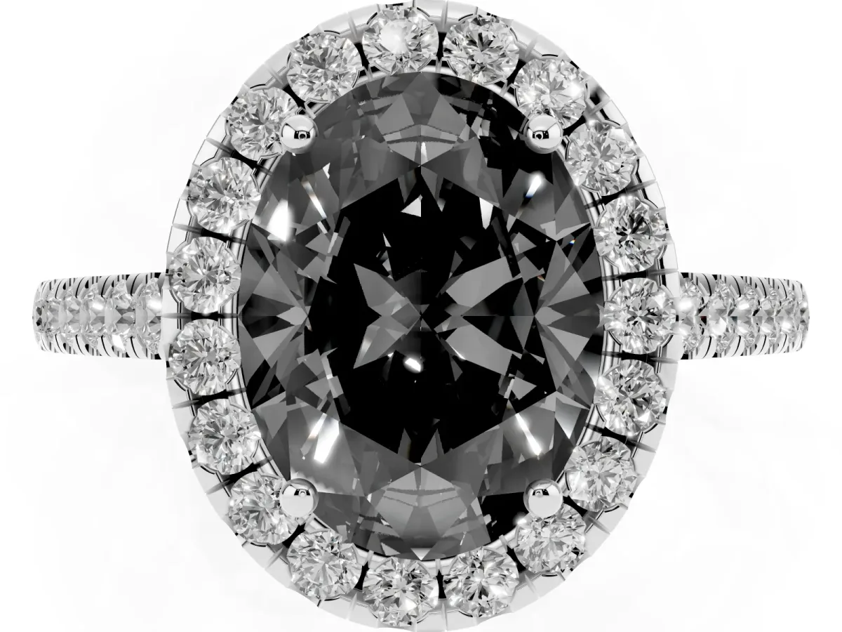 Fancy Black Oval Cut Halo Pave Diamond Engagement Ring with Four-Prong Setting Silver