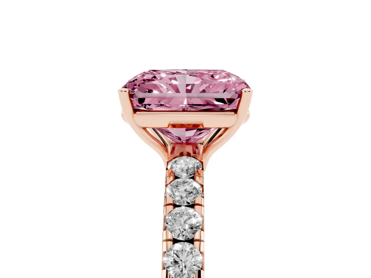 Fancy Pink Radiant Cut Diamond Pavé Solitaire Engagement Ring with Four-Prong Setting Rose gold