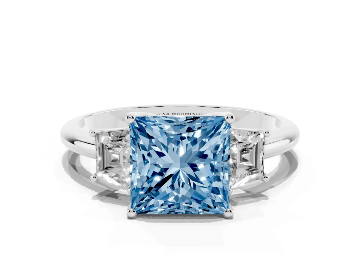 Fancy Blue Princess Cut Diamond Three-Stone Ring with Trapezoid Side Stones and Prong Setting Silver