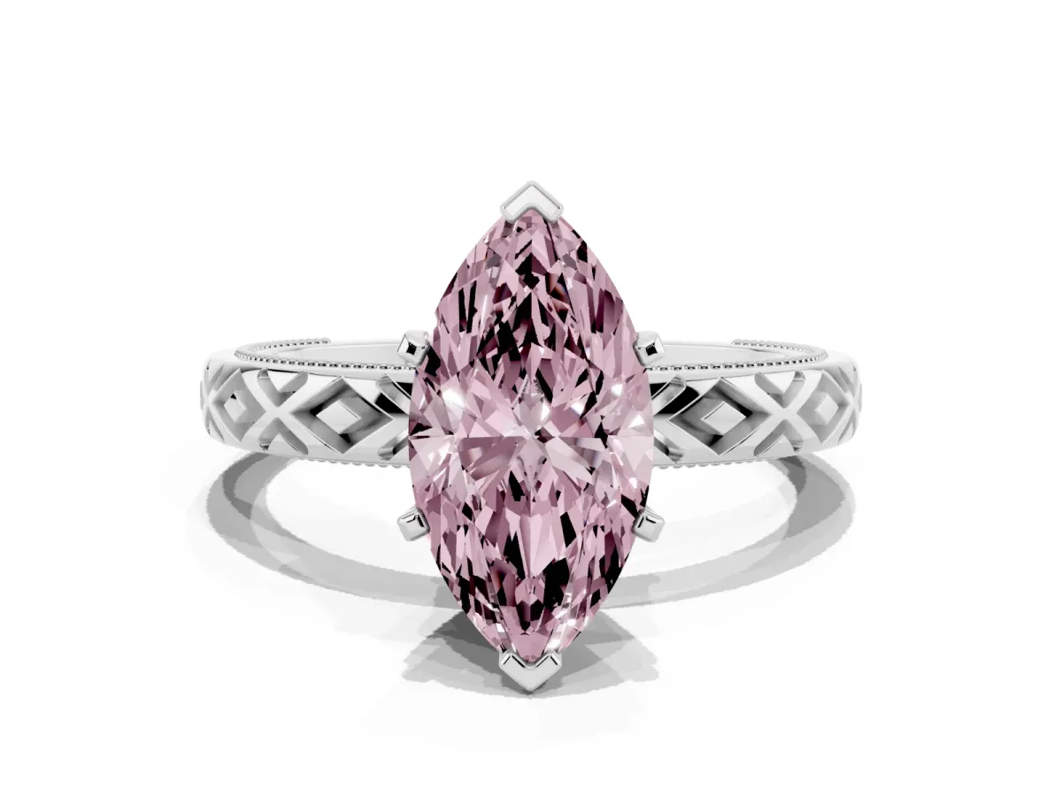 Fancy Pink Marquise Cut Solitaire Diamond Ring with Milgrain and Black Enamel X Pattern Band Silver