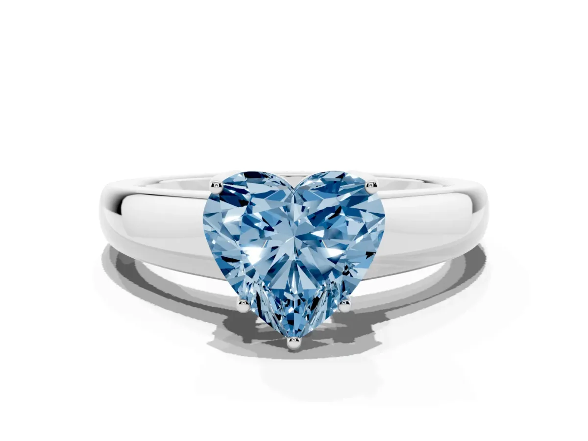 Fancy Blue Heart Cut Solitaire Diamond Ring with Tapered Band and Four-Prong Setting White gold