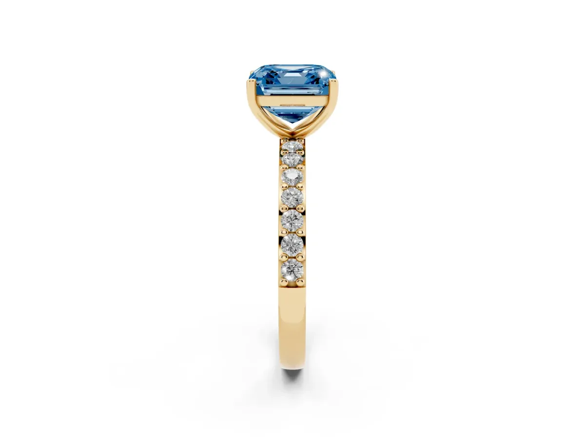 Fancy Blue Asscher Cut Cut Diamond Solitaire with Pave Band and Four-Prong Setting Yellow gold