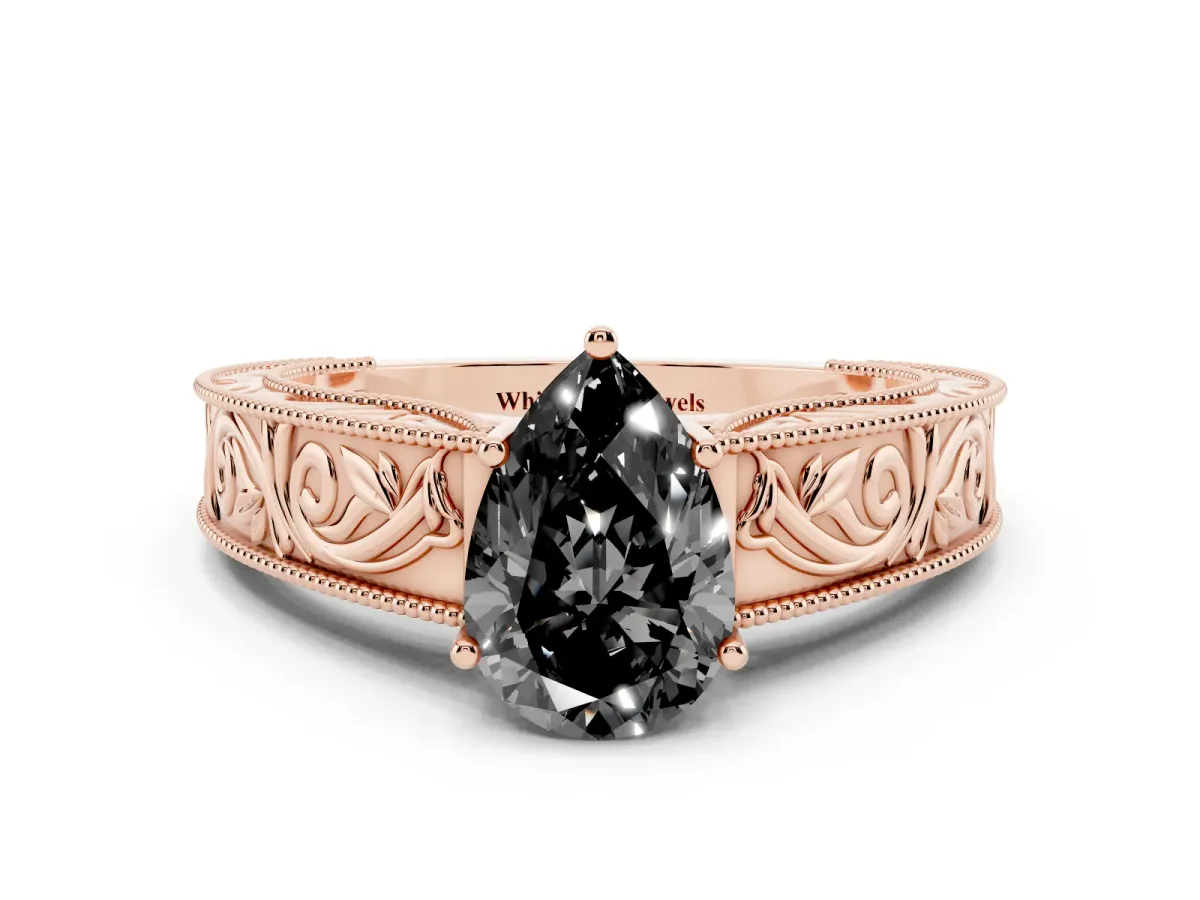 Fancy Black Pear Cut Diamond Solitaire Ring with Engraved Band and Four-Prong Setting Rose gold