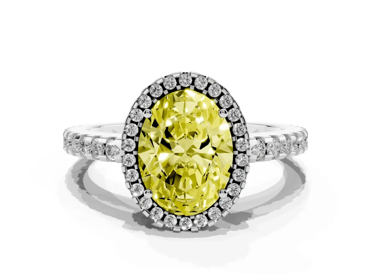 Fancy Yellow Oval Cut Diamond Halo Engagement Ring with Pavé Band and Prong Setting White gold