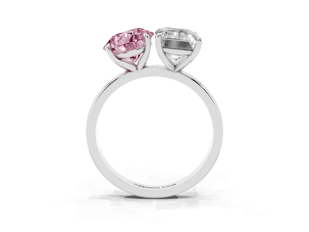 Fancy Pink Round Cut and Emerald Cut Toi Moi Ring with Prong Setting Silver