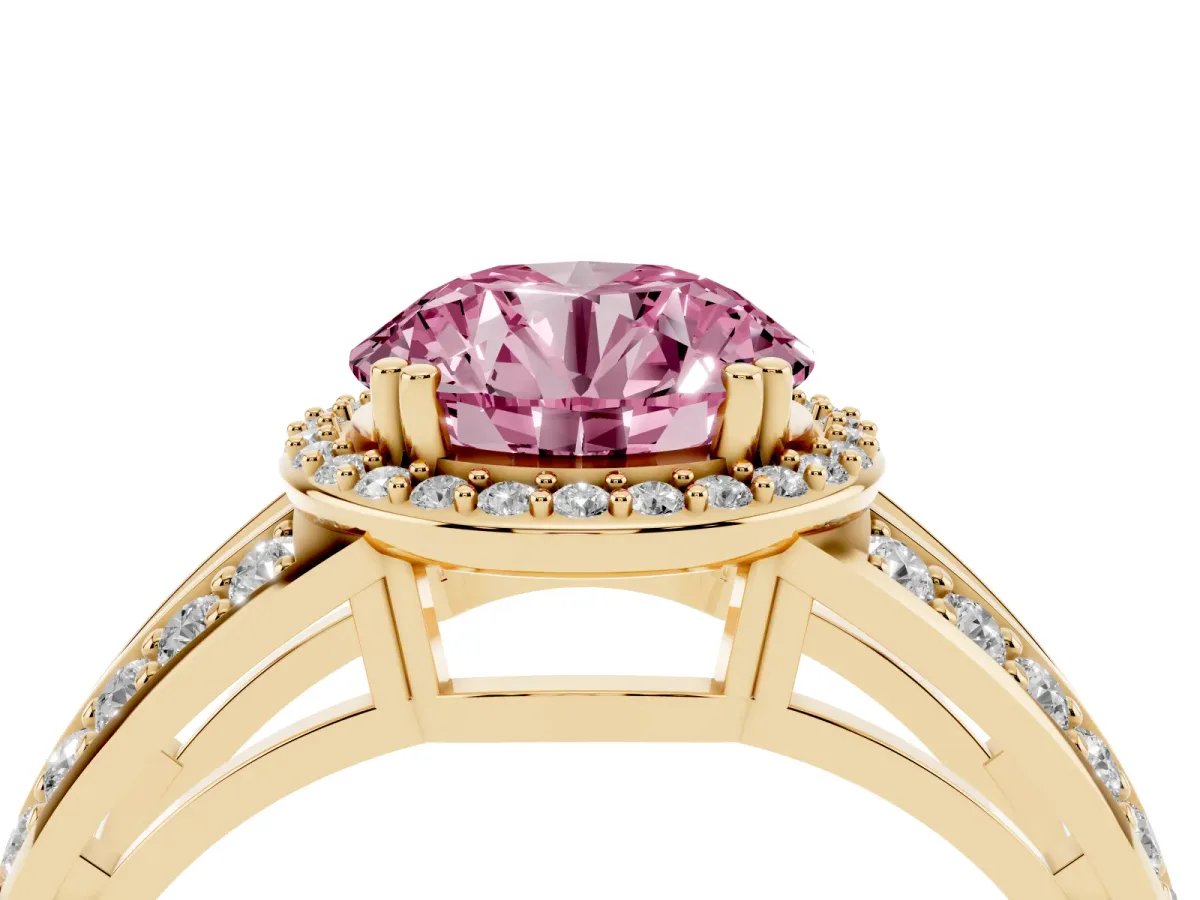 Fancy Pink Round Cut Diamond Halo Ring with Split Shank Pavé Band and Four-Prong Setting Yellow gold