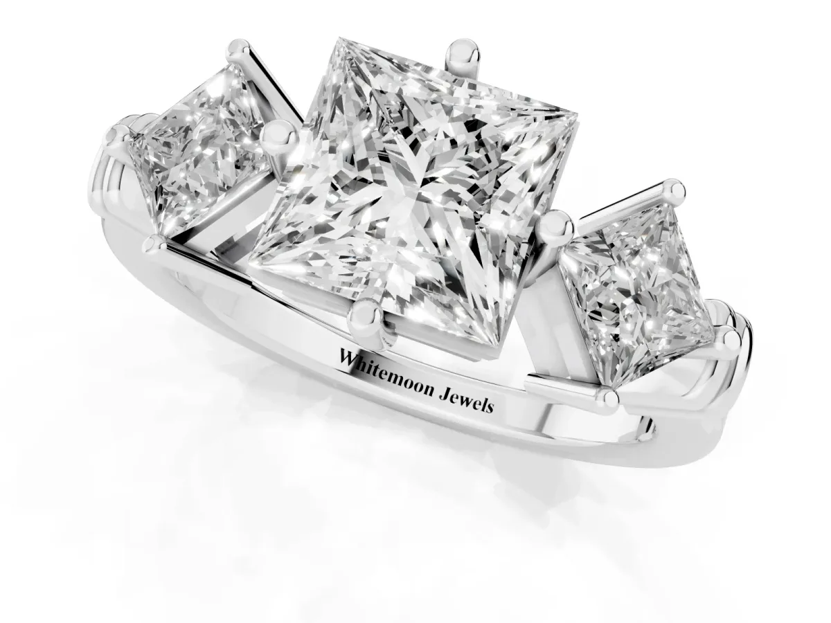 Three-Stone Princess Cut and Princess Cut Diamond Ring with Channel Band and Four-Prong Setting Platinum