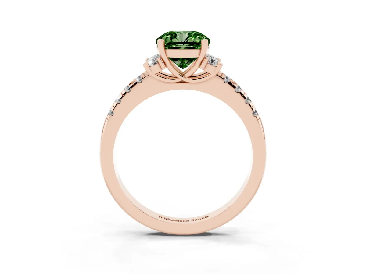 Fancy Green Cushion Cut Diamond Three-Stone Pave Band with Four-Prong Setting Rose gold
