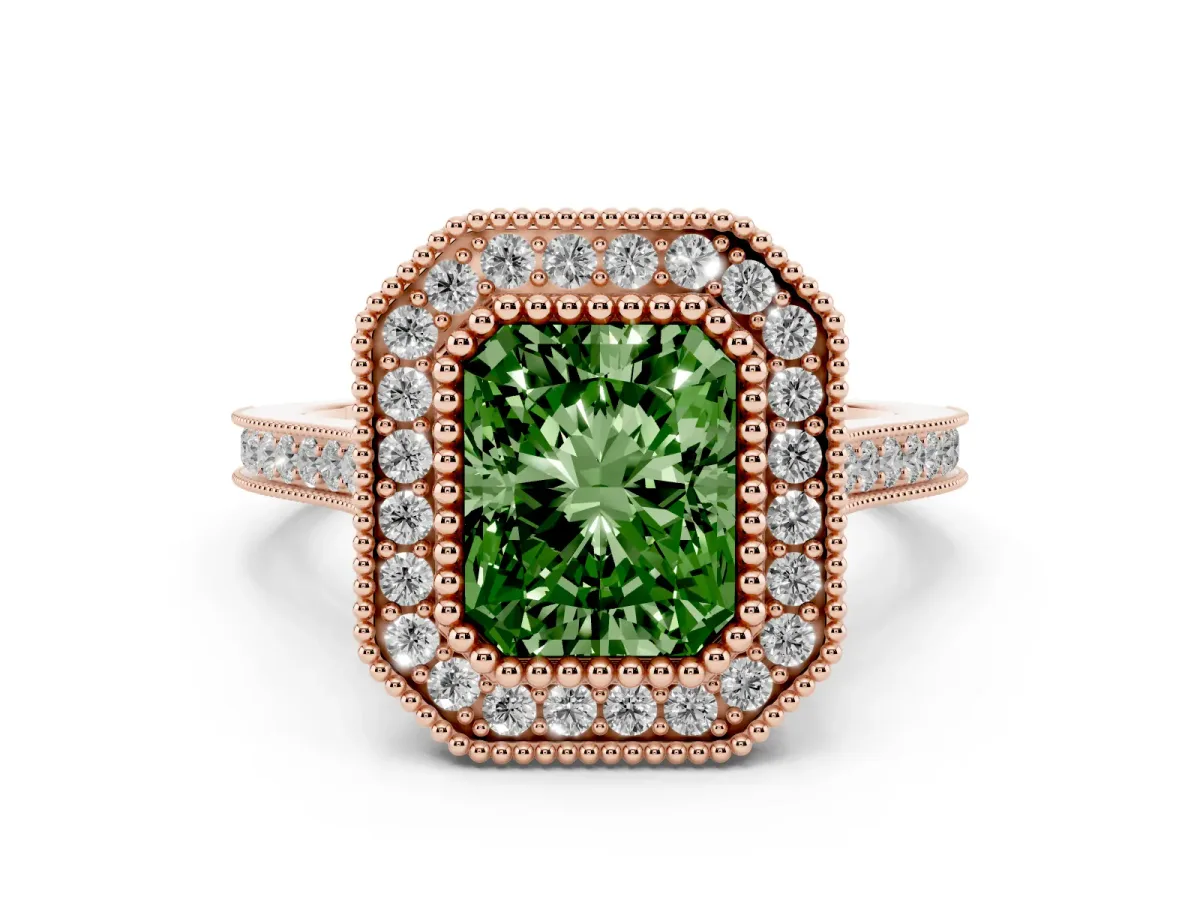 Fancy Green Radiant Cut Diamond Halo Ring with Milgrain Frame and Pavé Band Rose gold