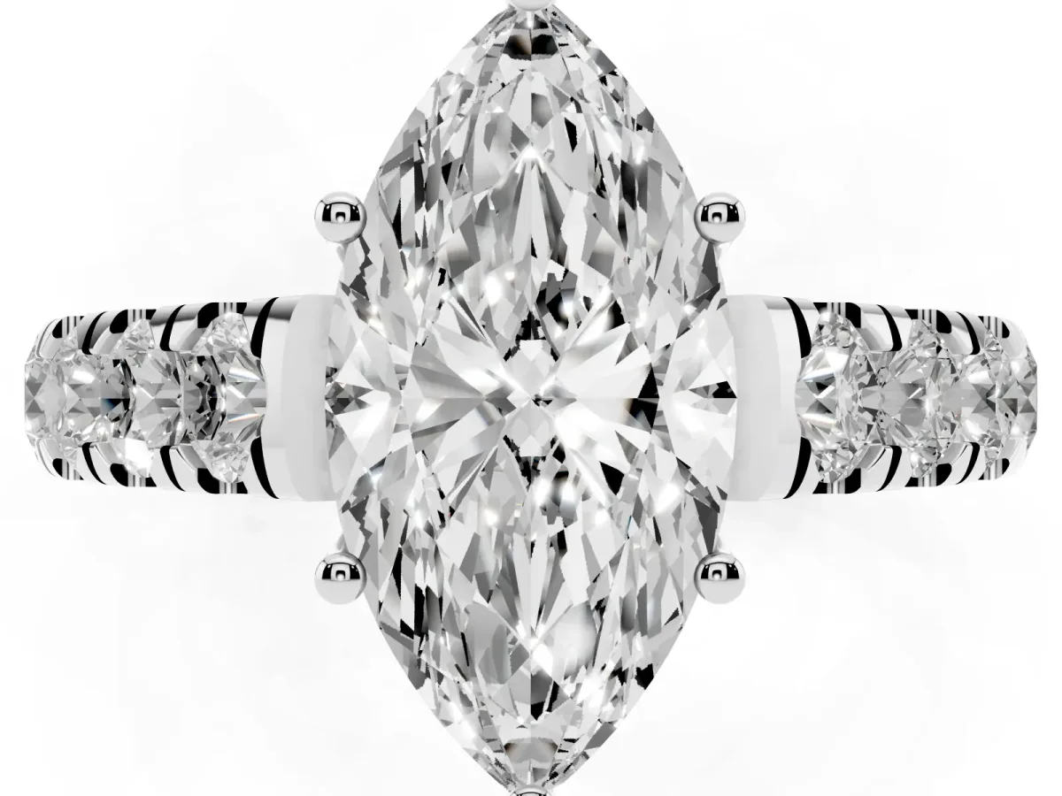 Marquise Cut Cut Diamond Solitaire Ring with Micro Pave Band and Prong Setting Platinum