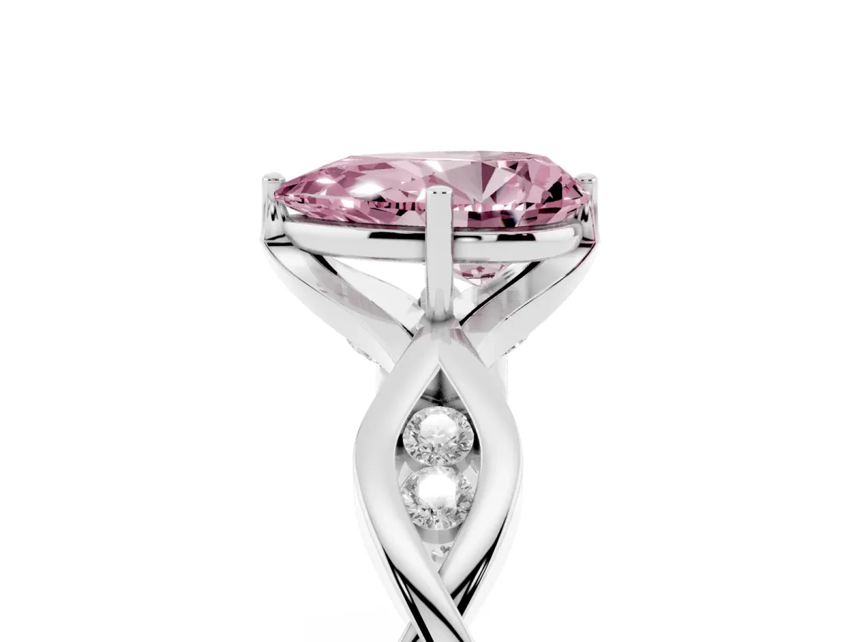 Fancy Pink Pear Cut Solitaire Twist Band with Leaf Prong Setting Platinum