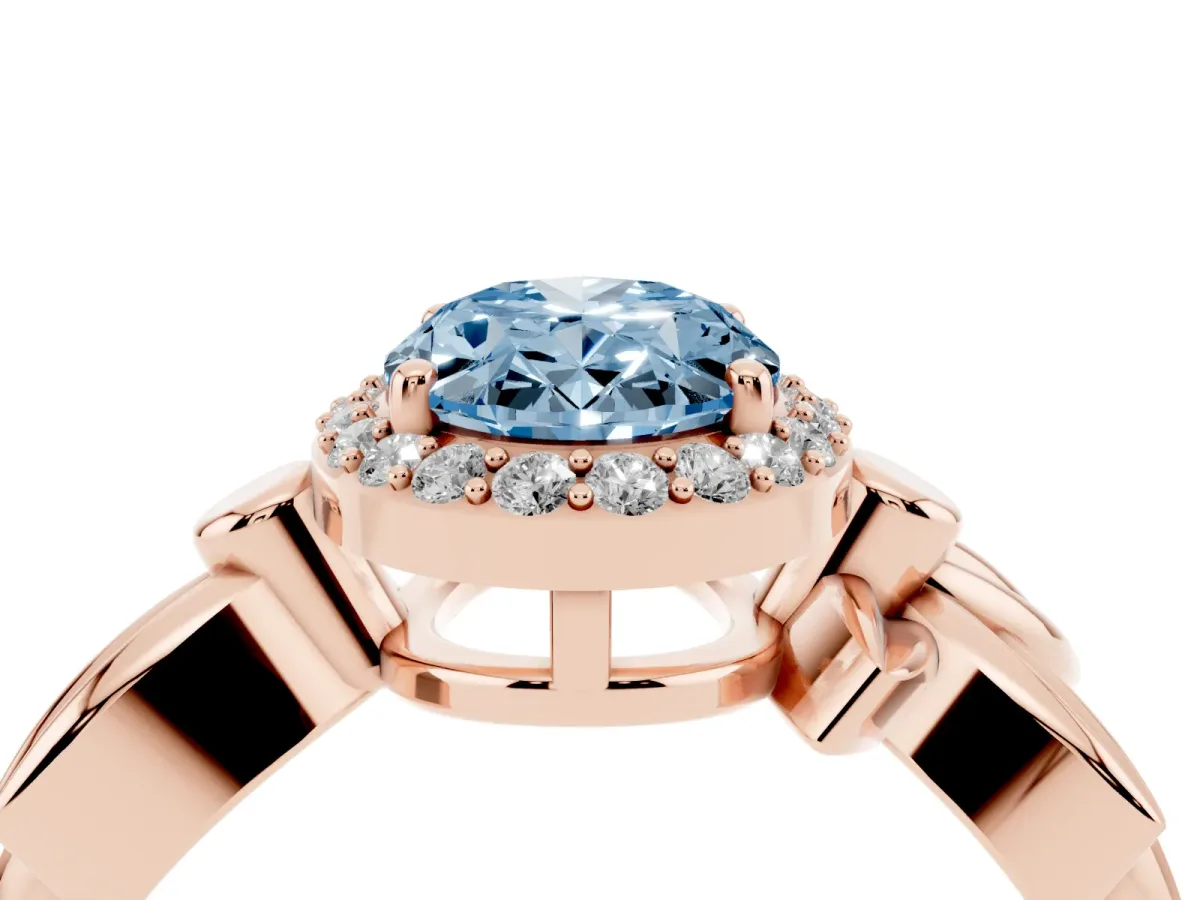 Fancy Blue Oval Cut Halo Diamond Floral Band with Four-Prong Setting Rose gold