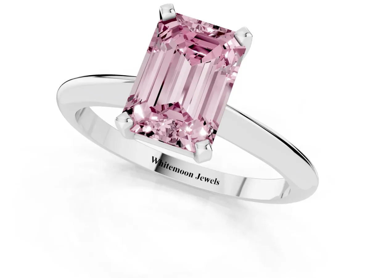 Fancy Pink Emerald Cut Cut Solitaire Ring with Four-Prong Setting on a Classic Band White gold