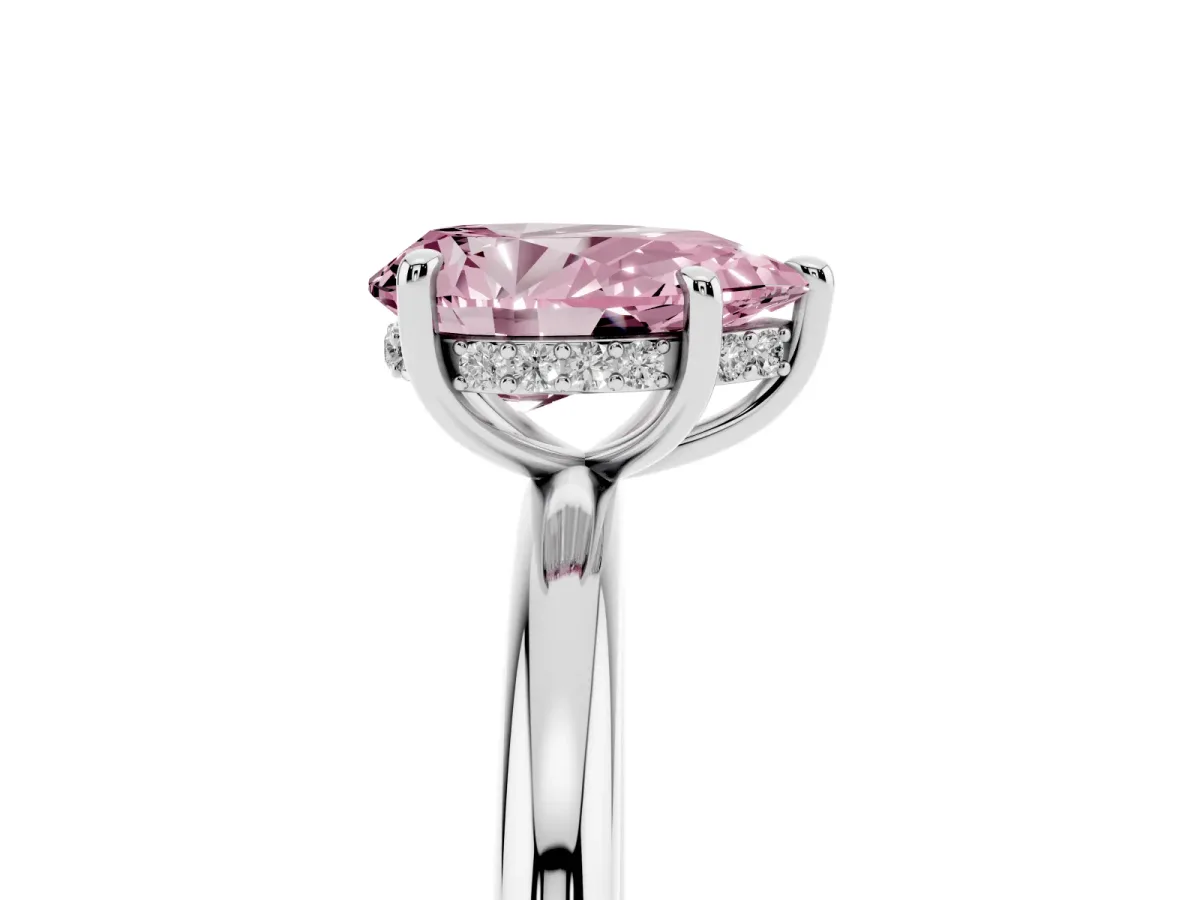 Fancy Pink Pear Cut Diamond Solitaire Ring with Thin Band and Four-Prong Setting Silver