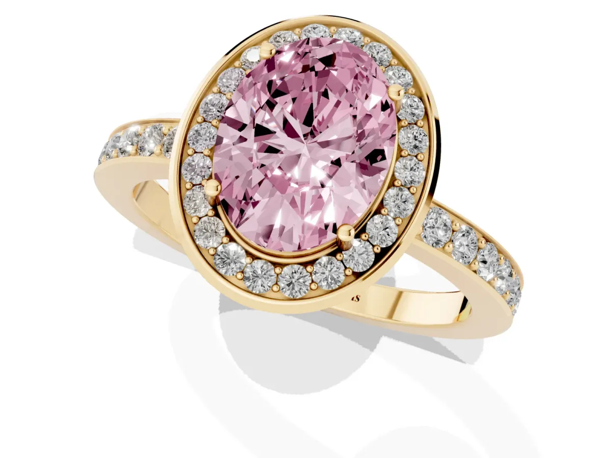 Fancy Pink Oval Cut Diamond Halo Ring with Bezel Frame and Pavé Band Yellow gold