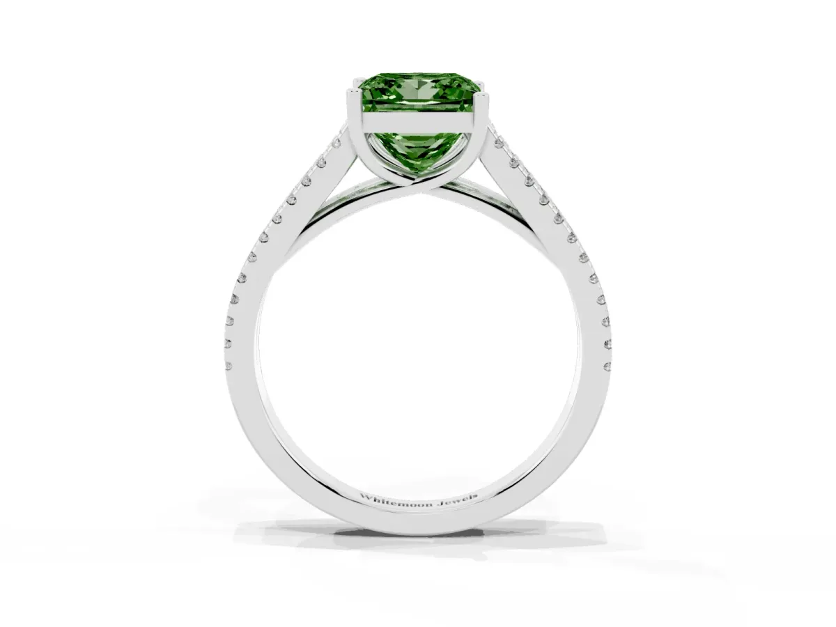 Fancy Green Princess Cut Diamond Solitaire Engagement Ring with Split Shank Pavé Band Silver