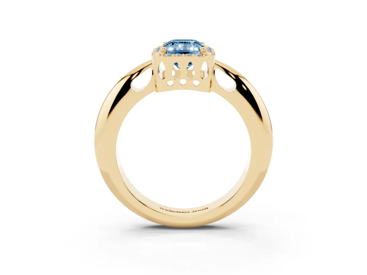 Fancy Blue Emerald Cut Cut Diamond Halo Engagement Ring with Split Shank and Four-Prong Setting Yellow gold