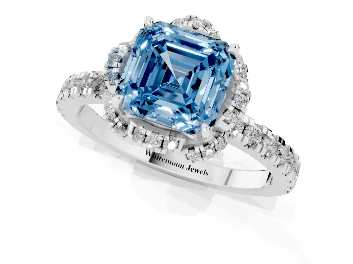 Fancy Blue Asscher Cut Halo Diamond Pave Band Ring with Four-Prong Setting Silver