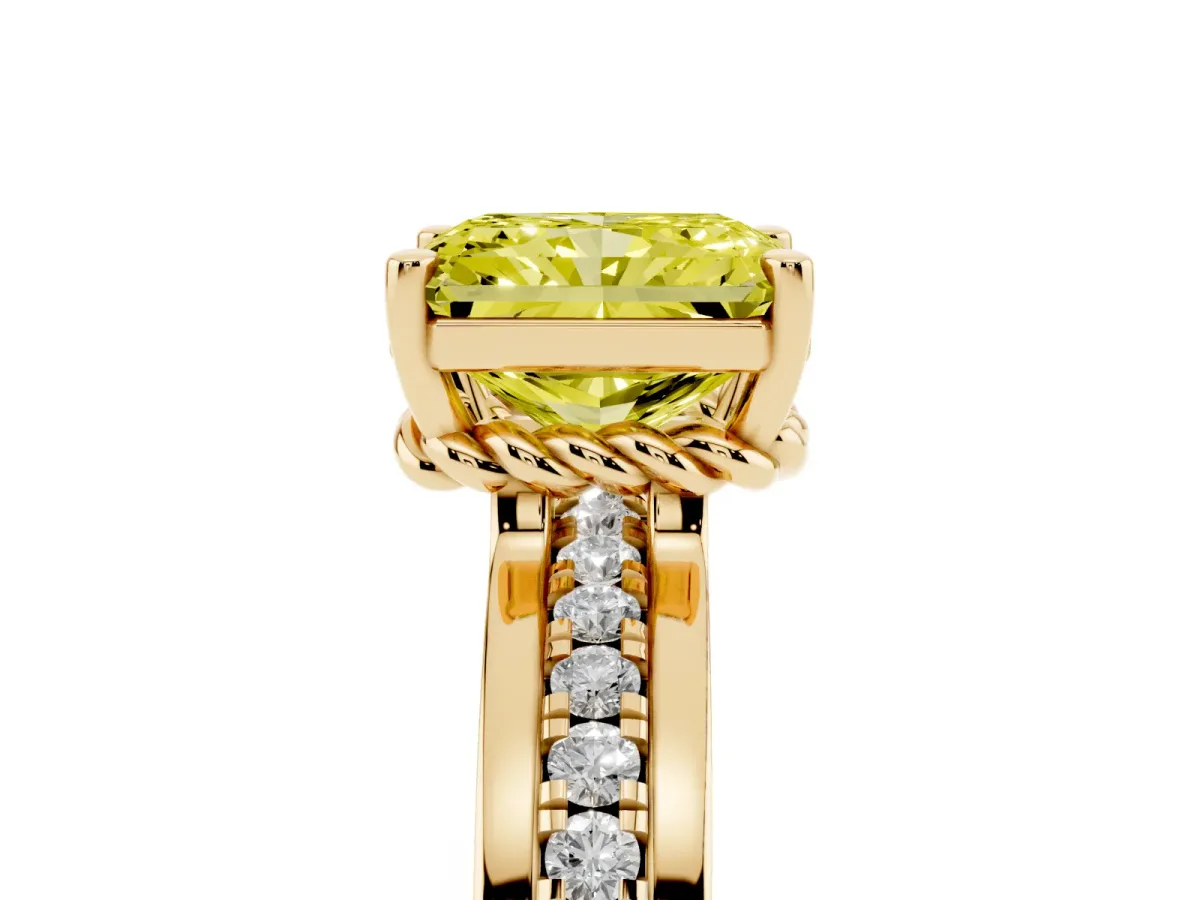 Fancy Yellow Radiant Cut Solitaire Diamond Ring with Channel Set Band and Six-Prong Setting Yellow gold