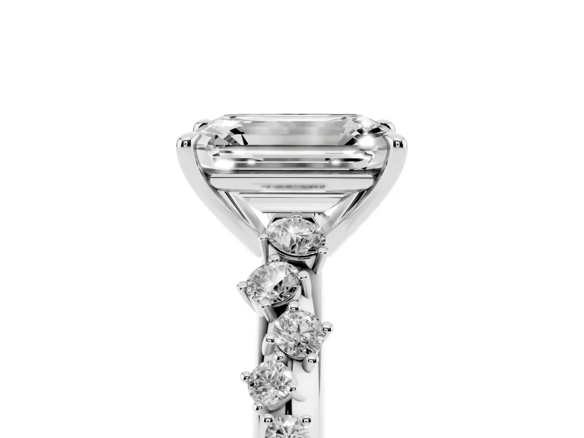 Emerald Cut Diamond Cluster Side Stone Solitaire Ring with Prong Setting Platinum