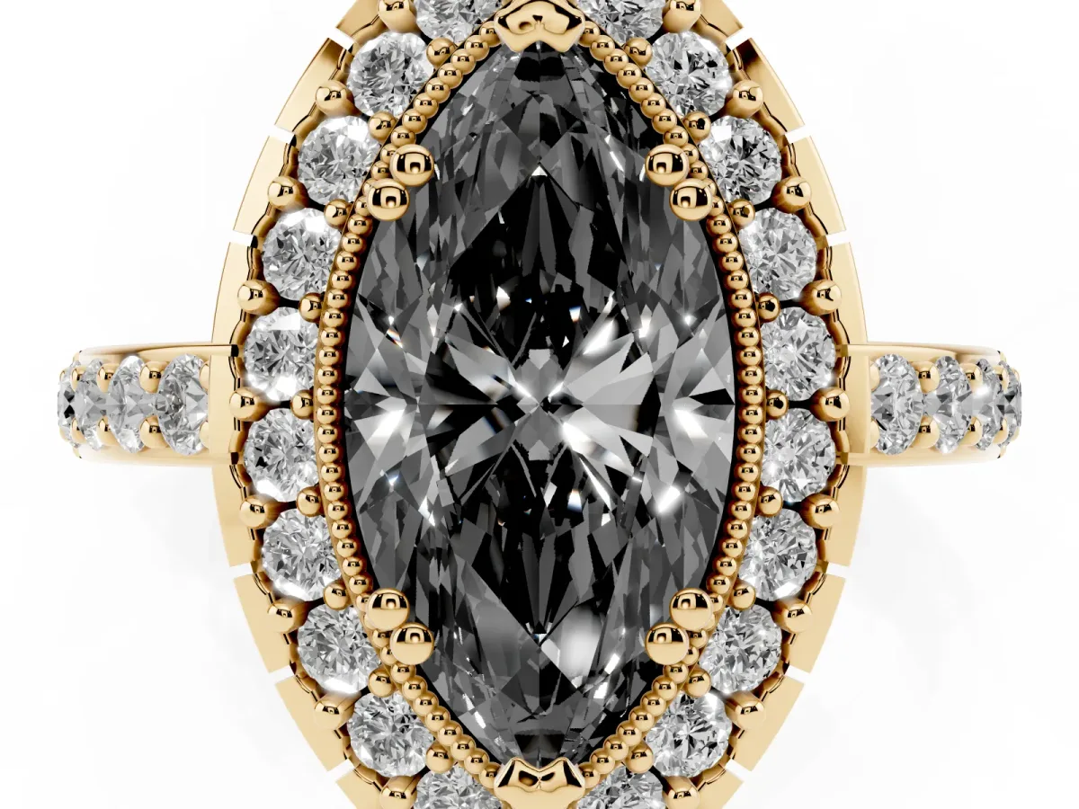 Fancy Black Marquise Cut Diamond Halo Ring with Pavé Band and Prong Setting Yellow gold
