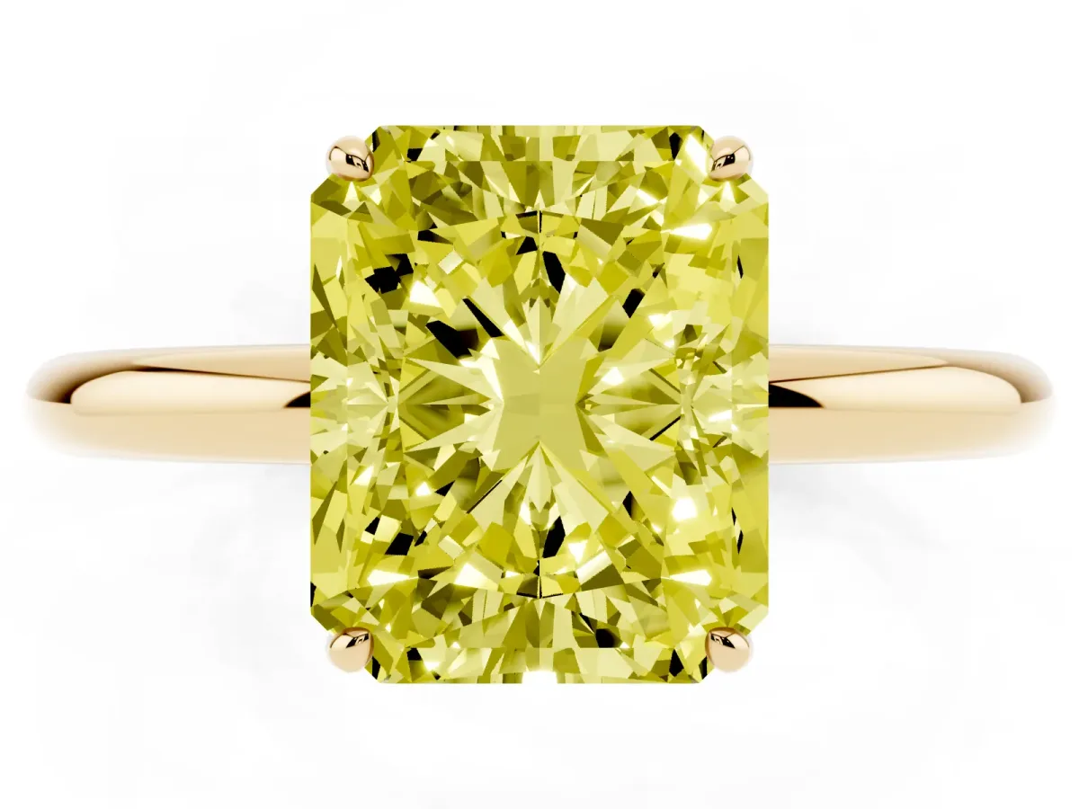 Fancy Yellow Radiant Cut Solitaire Diamond Ring with Four-Prong Setting on a Plain Band Yellow gold