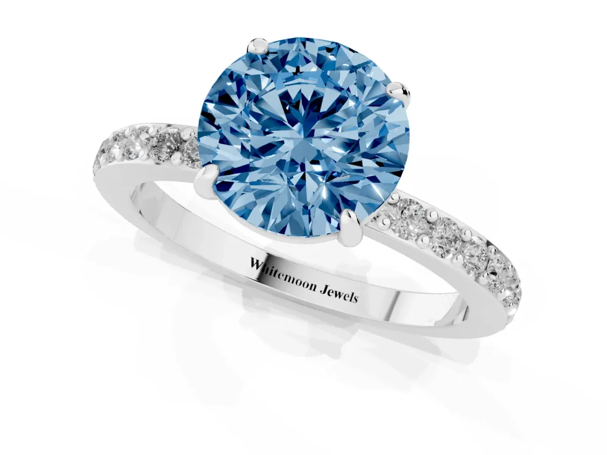 Fancy Blue Round Cut Diamond Pavé Engagement Ring with Round Accents and Prong Setting Silver