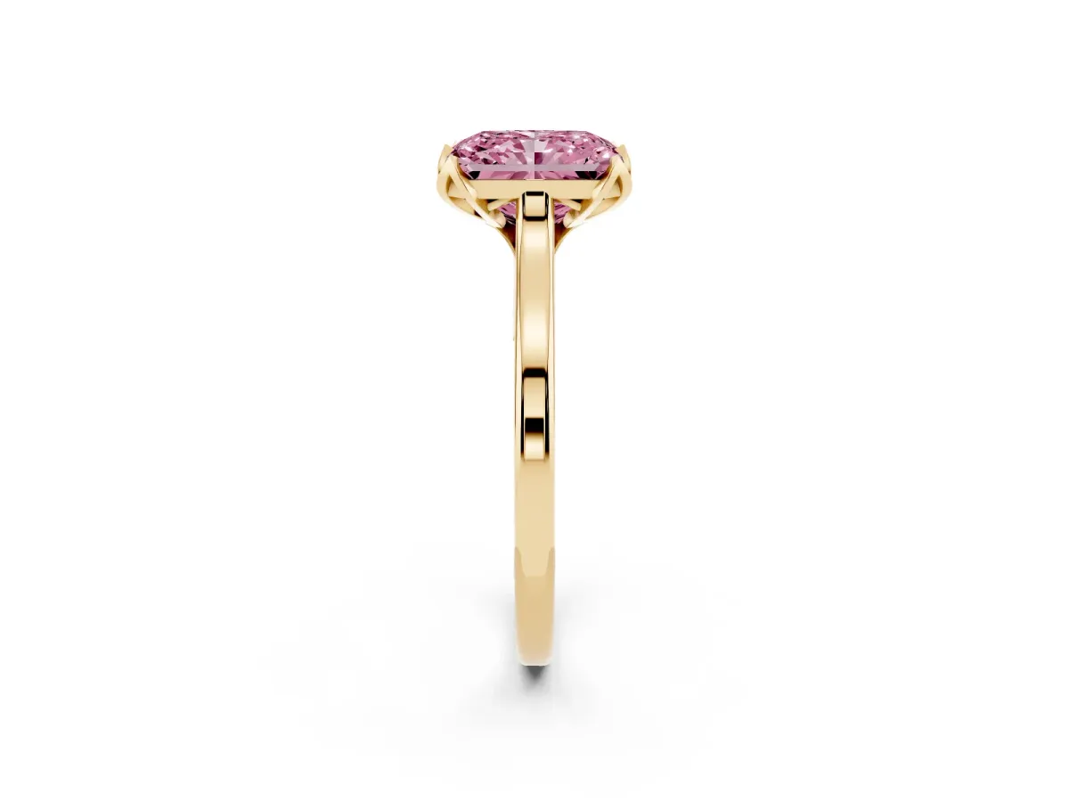 Fancy Pink Radiant Cut Diamond Solitaire Ring with Flower Prong Setting and Classic Band Yellow gold