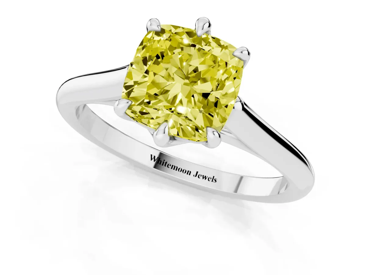 Fancy Yellow Cushion Cut Solitaire Engagement Ring with Six-Prong Setting and Classic Band Platinum