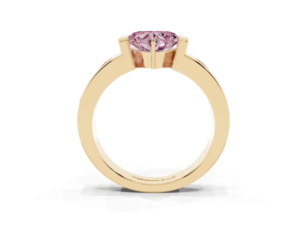 Fancy Pink Heart Cut Brilliant Channel-Set Diamond Ring with Bezel Prong Setting Yellow gold