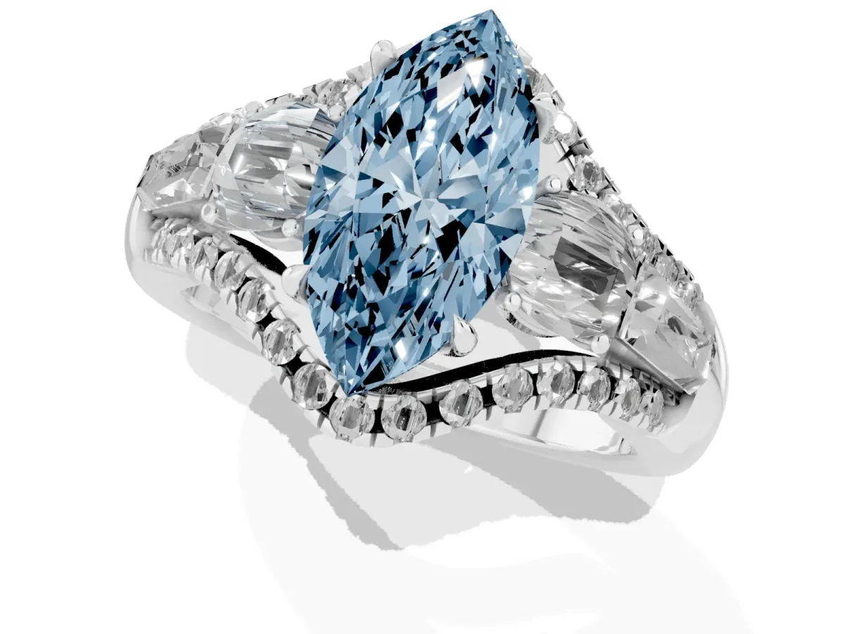 Fancy Blue Three-Stone Marquise Cut Diamond Engagement Ring with Pave Band and Prong Setting Silver