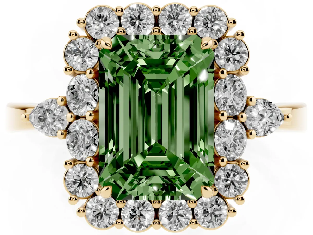 Fancy Green Emerald Cut Diamond Halo Ring with Pear Side Stones and Prong Setting Yellow gold