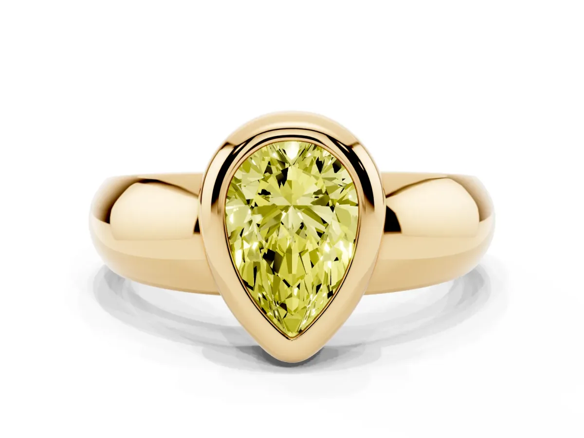 Fancy Yellow Bezel Set Pear Cut Solitaire Ring with Wide Band Yellow gold