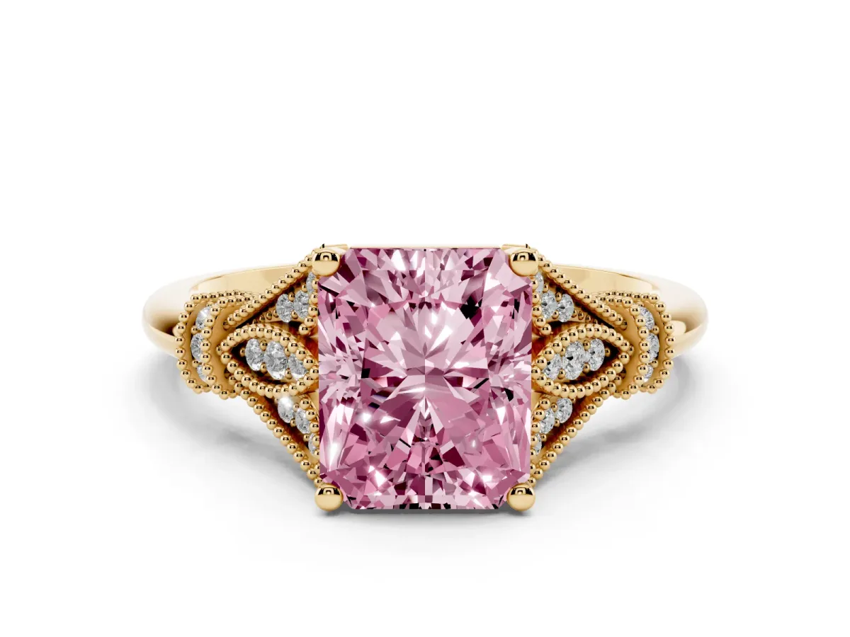 Fancy Pink Radiant Cut Diamond Solitaire Ring with Floral Filigree and Pave Accents Yellow gold