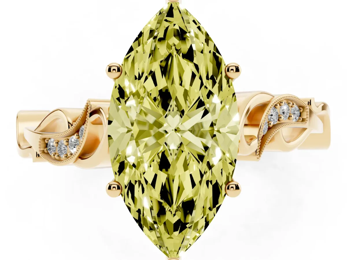 Fancy Yellow Marquise Cut Solitaire Vine Band with Milgrain Prong Setting Yellow gold
