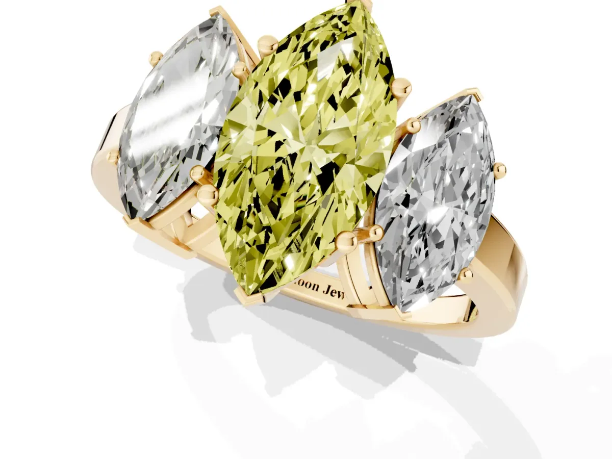 Fancy Yellow Three-Stone Marquise Cut Cut Diamond Engagement Ring with Flat Band and Four-Prong Setting Yellow gold