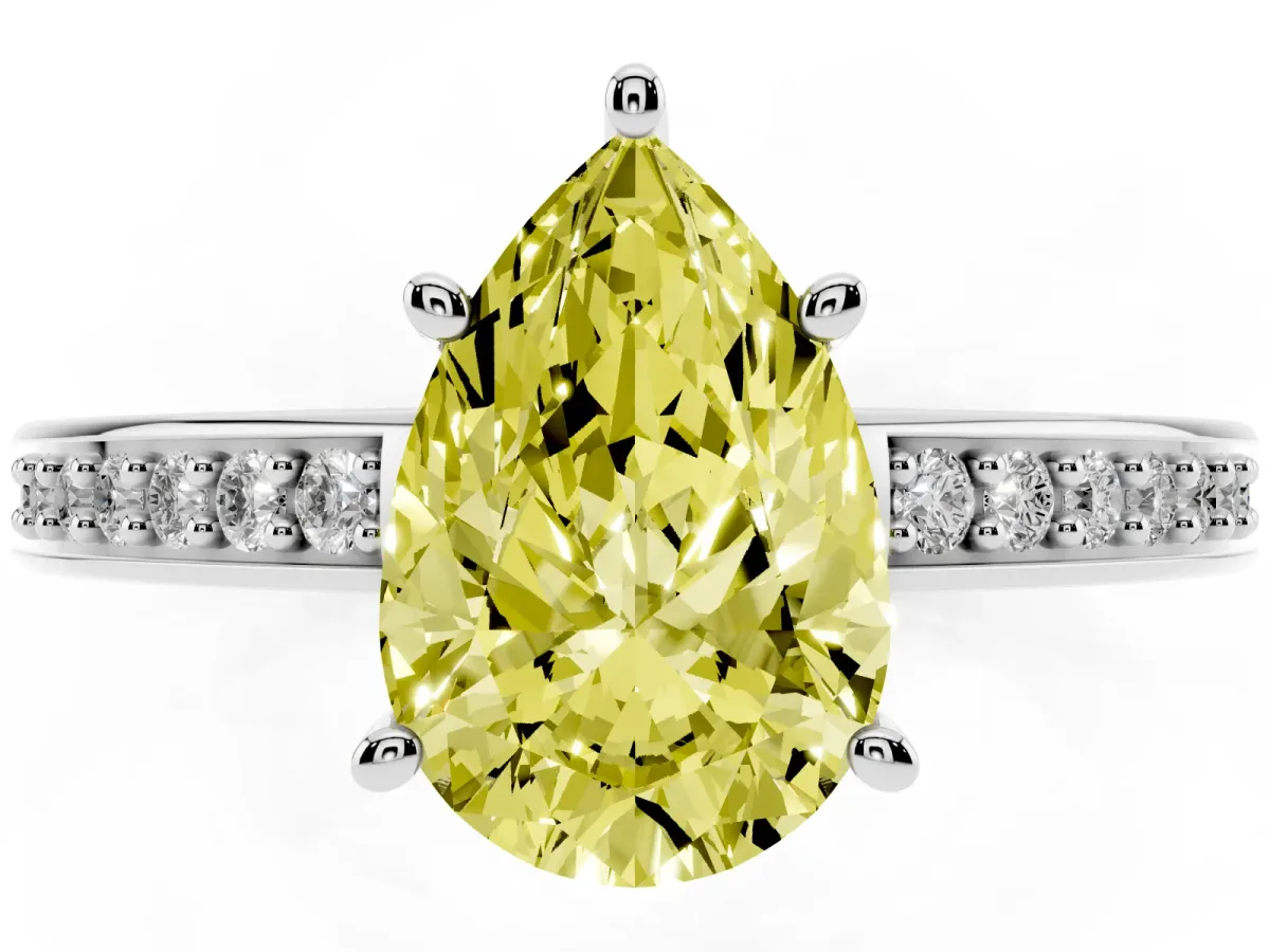 Fancy Yellow Pear Cut Solitaire Pavé Band Prong Setting Ring Silver