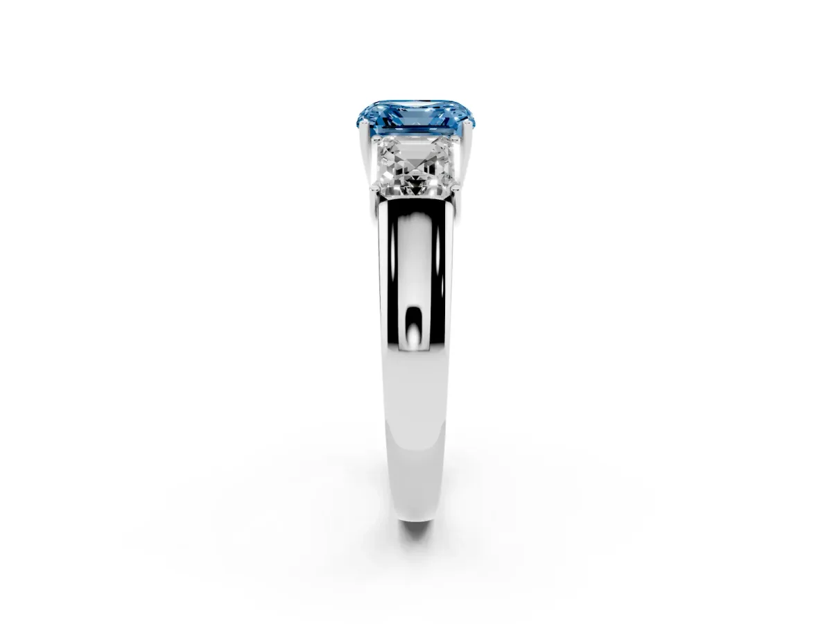 Fancy Blue Three-Stone Asscher Cut Cut Diamond Ring with Prong Setting and Classic Band Platinum