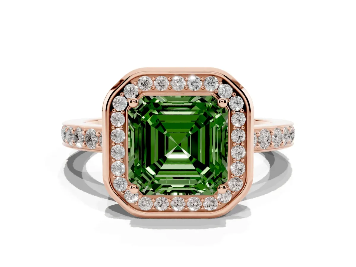 Fancy Green Asscher Cut Diamond Halo Ring with Bezel Frame and Pavé Band Rose gold