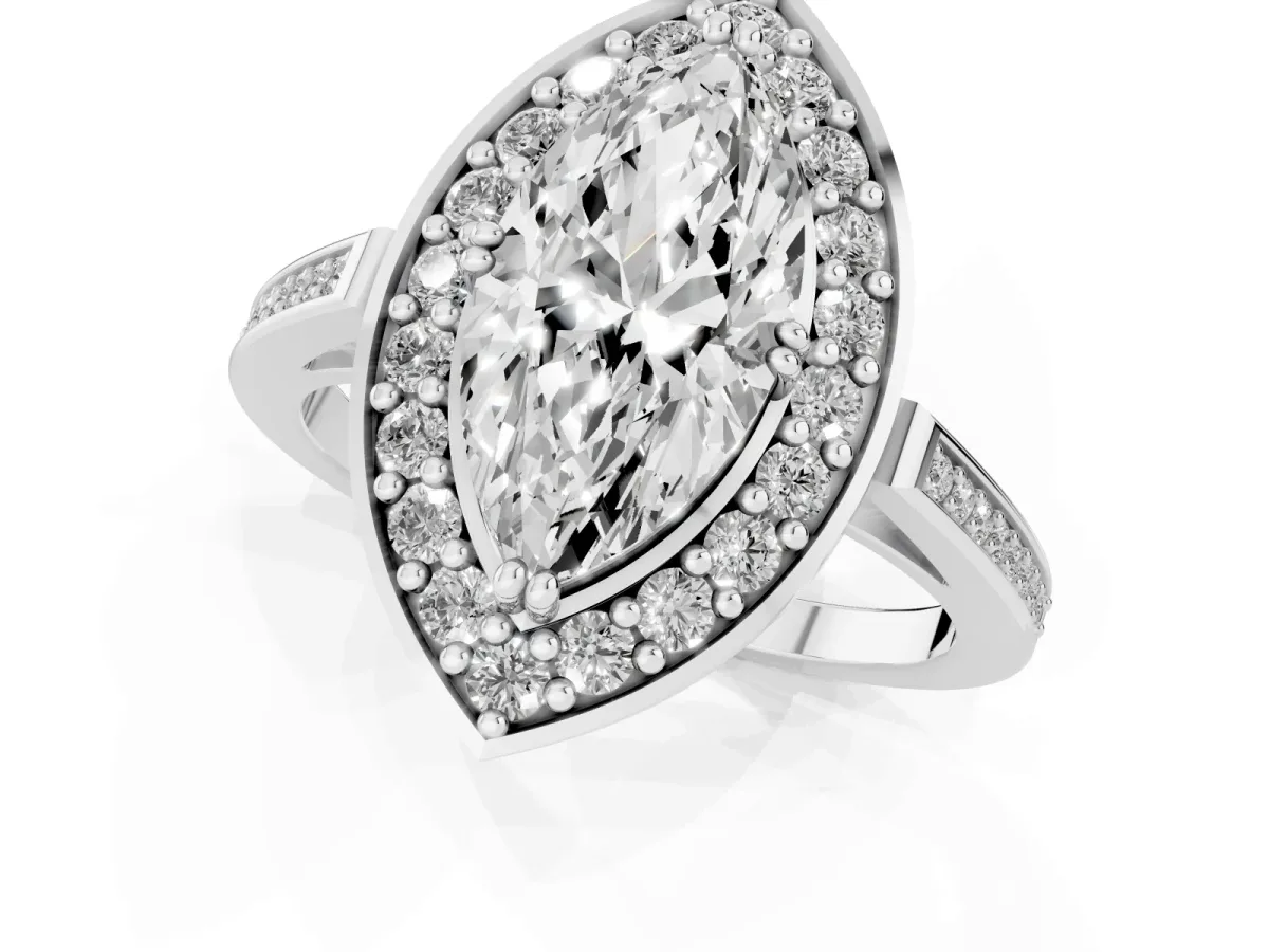 Marquise Cut Diamond Halo Ring with Split Shank and Four-Prong Setting Silver