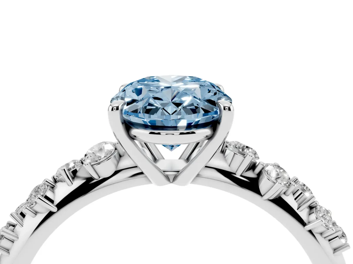 Fancy Blue Oval Cut Diamond Cluster Side Stone Solitaire Ring with Prong Setting Silver