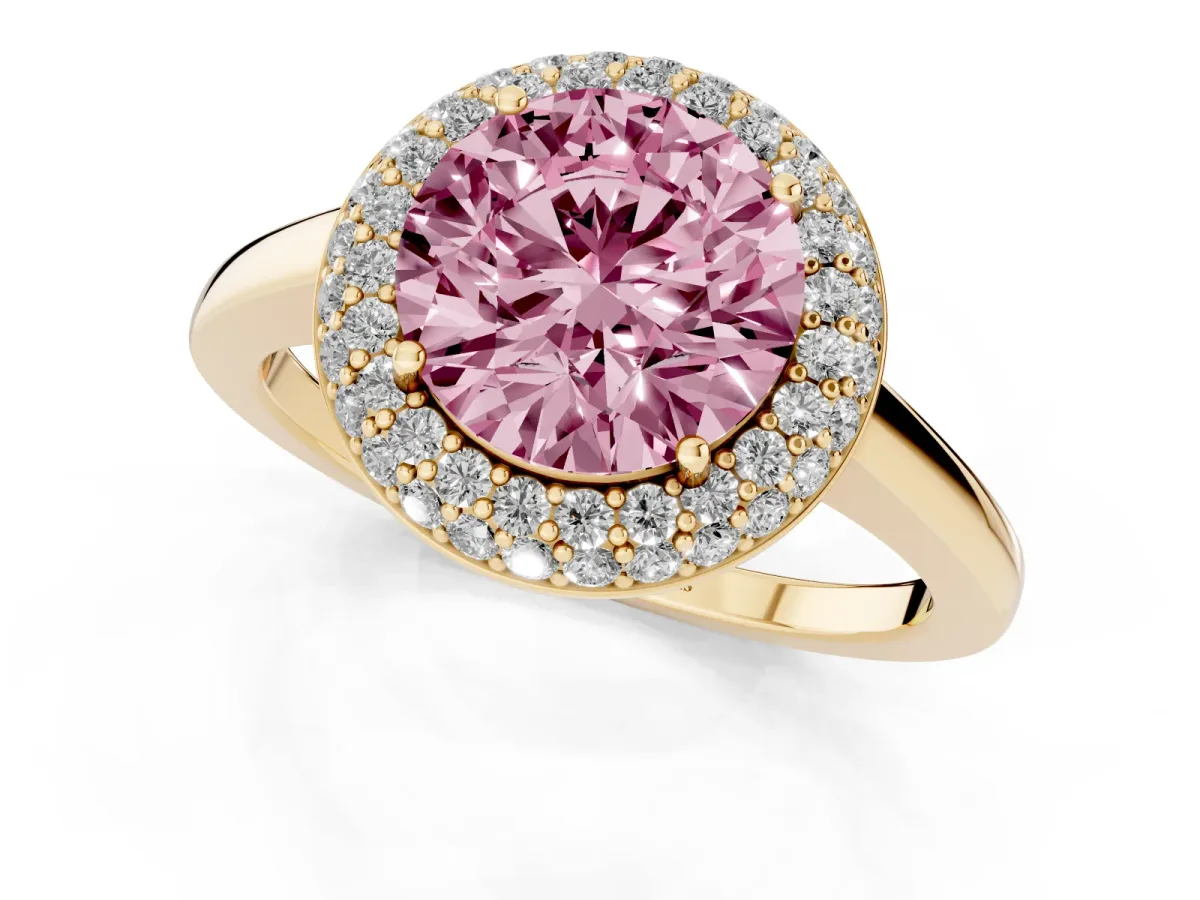 Fancy Pink Round Cut Halo Diamond Engagement Ring with Solitaire Band and Four-Prong Setting Yellow gold
