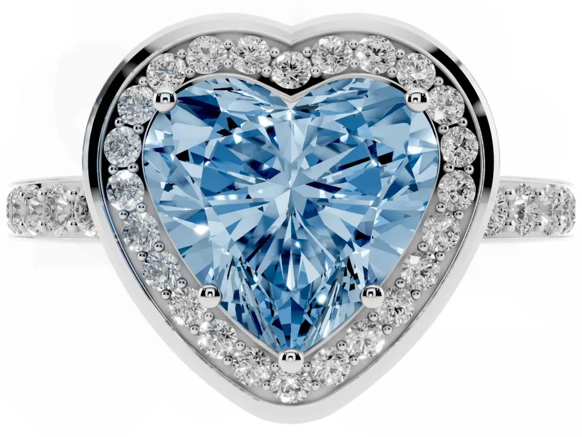 Fancy Blue Heart Cut Diamond Halo Ring with Bezel Frame and Pavé Band Silver