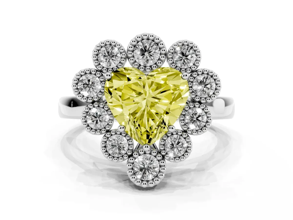 Fancy Yellow Heart Cut Halo Diamond Cluster Engagement Ring with Milgrain Bezel Setting and Solitaire Band Silver