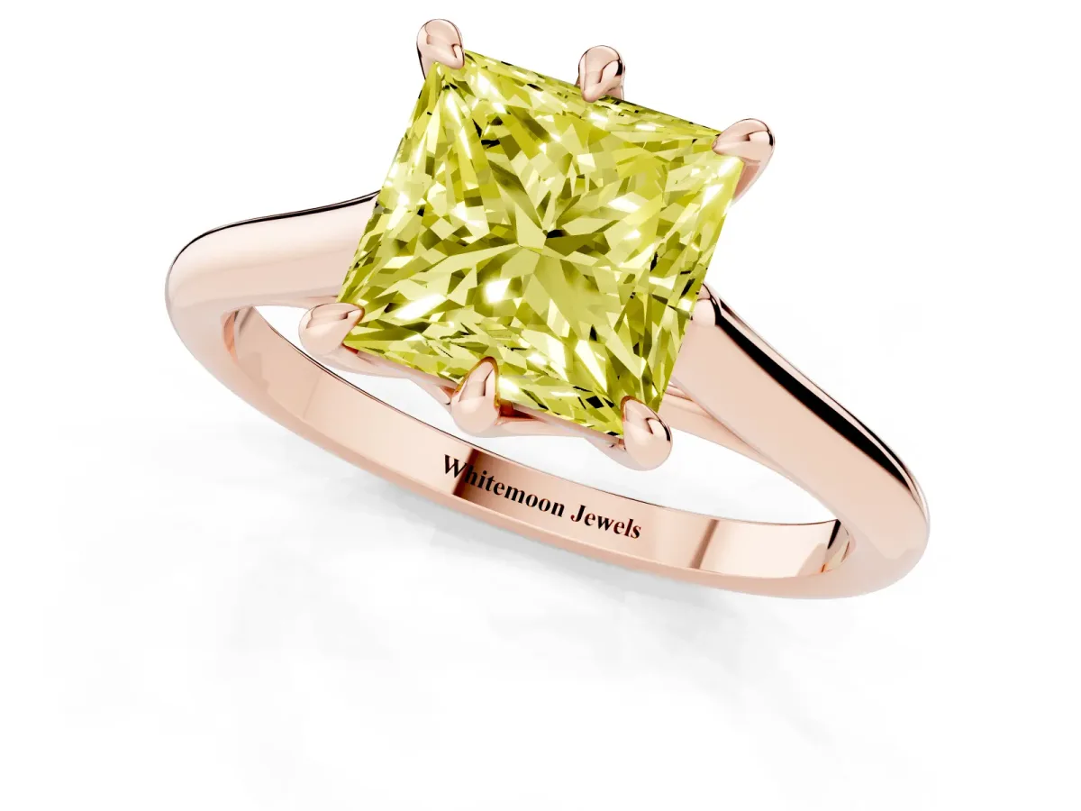 Fancy Yellow Princess Cut Solitaire Engagement Ring with Six-Prong Setting and Classic Band Rose gold