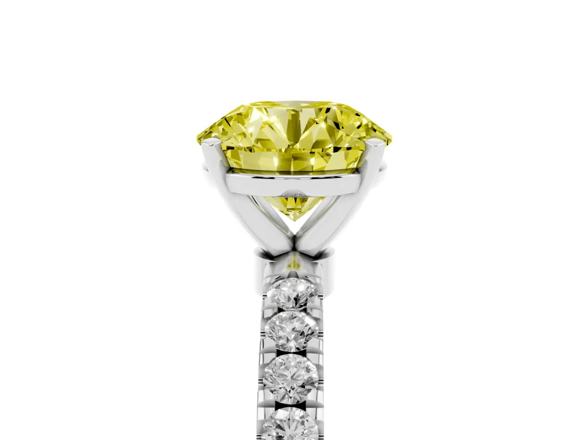 Fancy Yellow Round Cut Diamond Solitaire Ring with Pavé Accents and Four-Prong Setting Silver