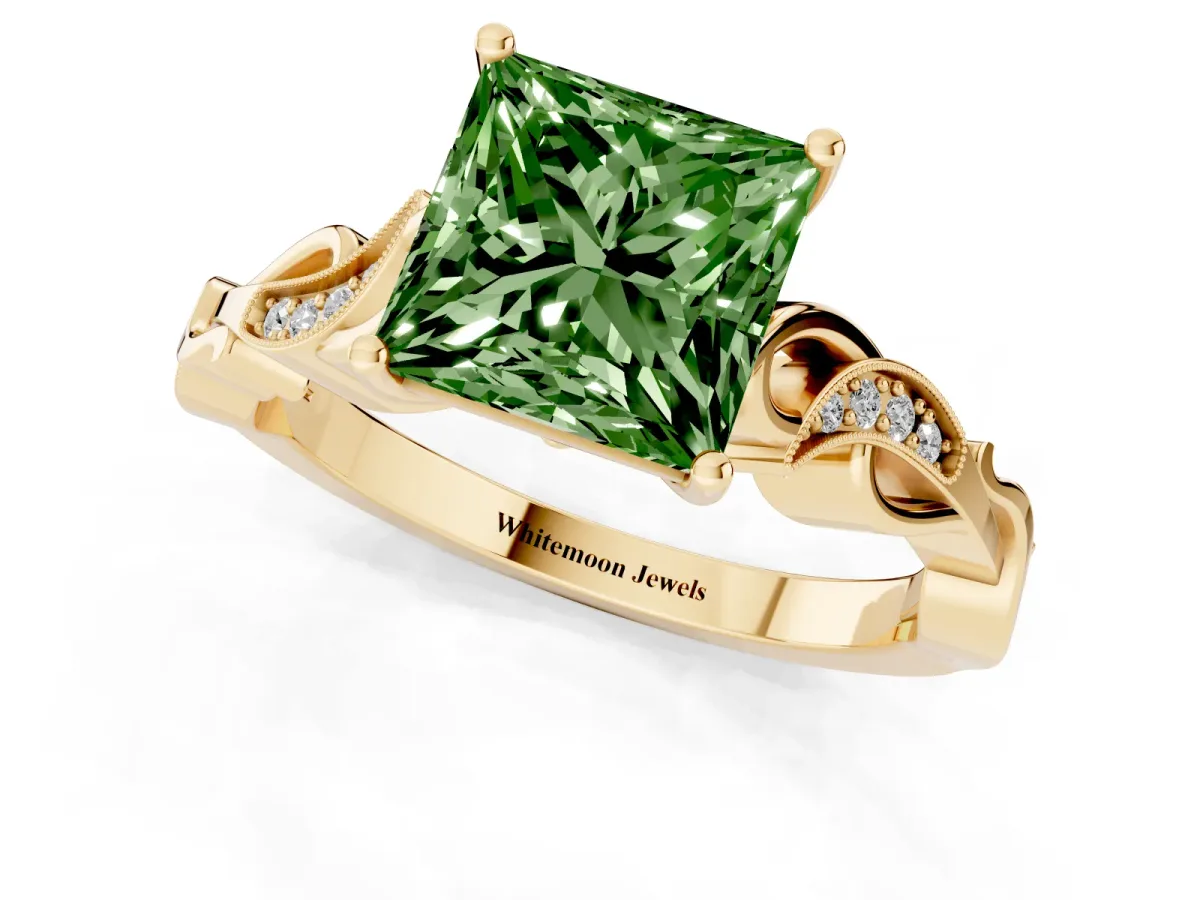 Fancy Green Princess Cut Solitaire Vine Band with Milgrain Prong Setting Yellow gold