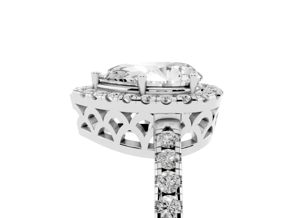 Pear Cut Halo Diamond Engagement Ring with Pavé Band and Four-Prong Setting White gold