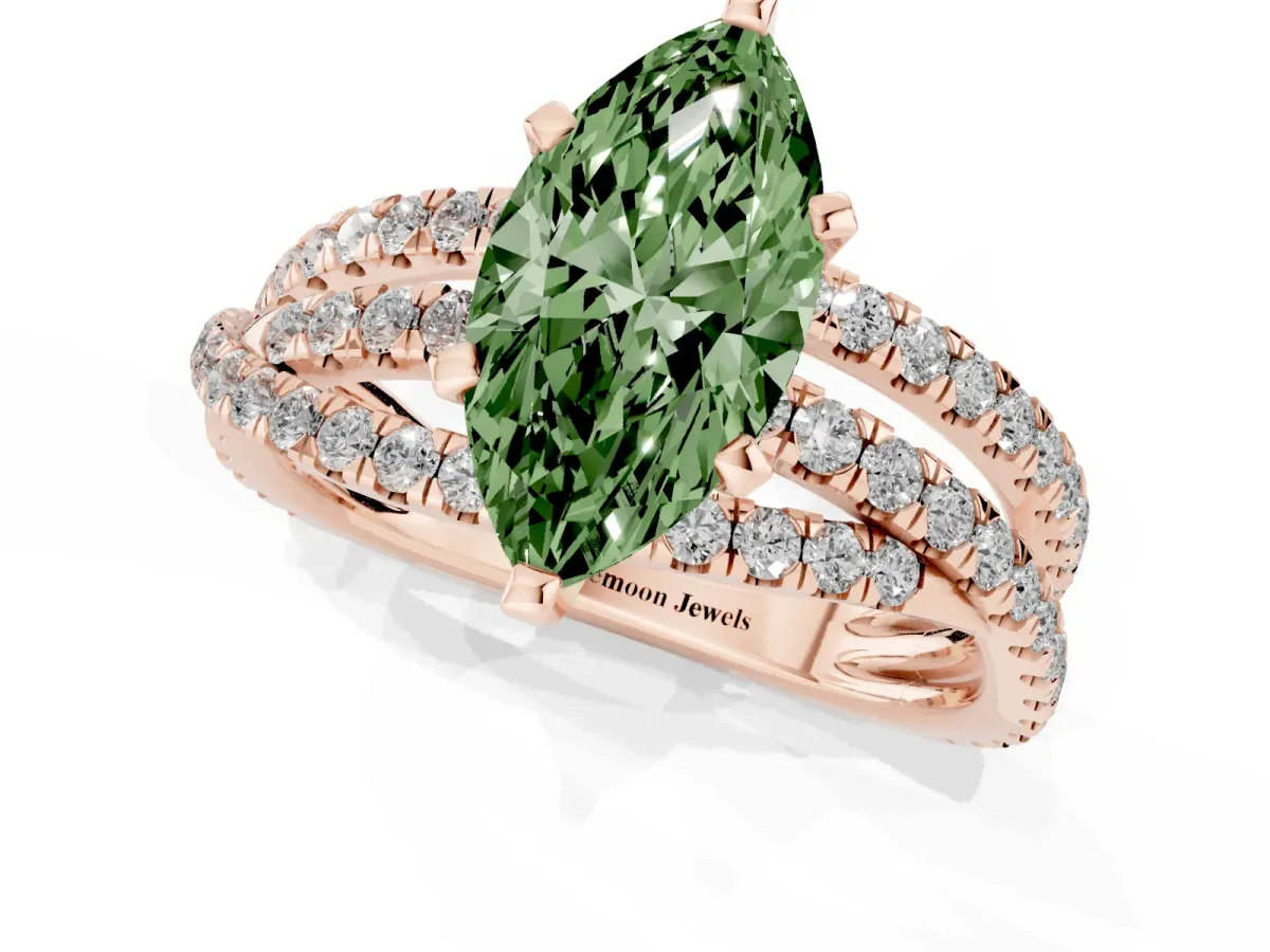 Fancy Green Marquise Cut Solitaire Twist Band with Pavé Setting and Four-Prong Setting Rose gold